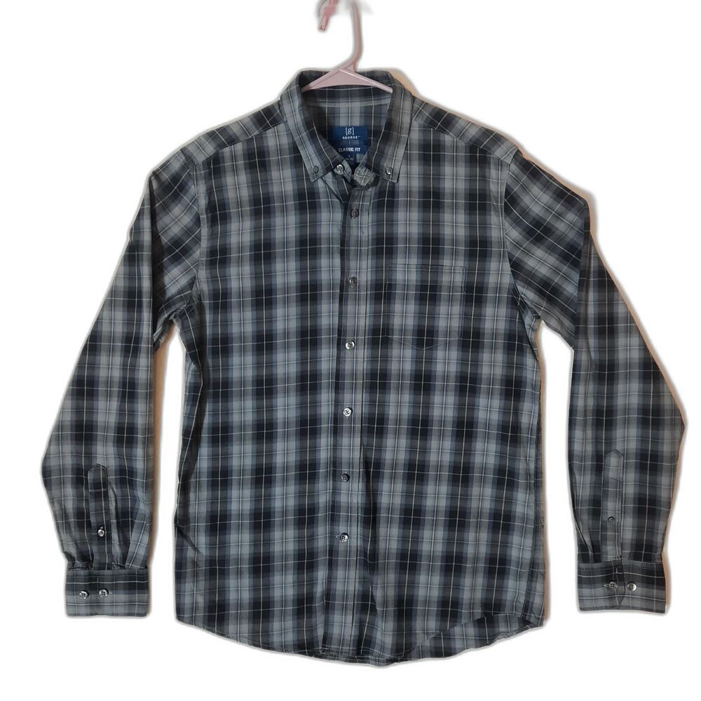 George SMALL Classic Fit Long Sleeve Button Down Dress Shirt Black Gray Plaid LN